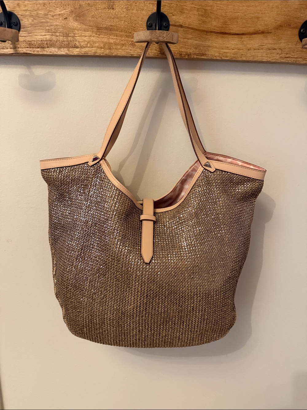 Stella & Dot Brown Woven Tote with Tan Trim